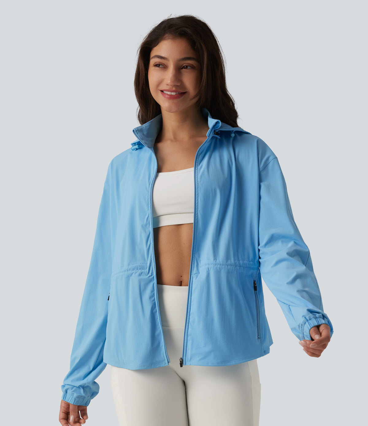 Durable Water Repellent Removable Hood Drawstring Workout Jacket with Zip Pockets — Baltic Sea — view 4