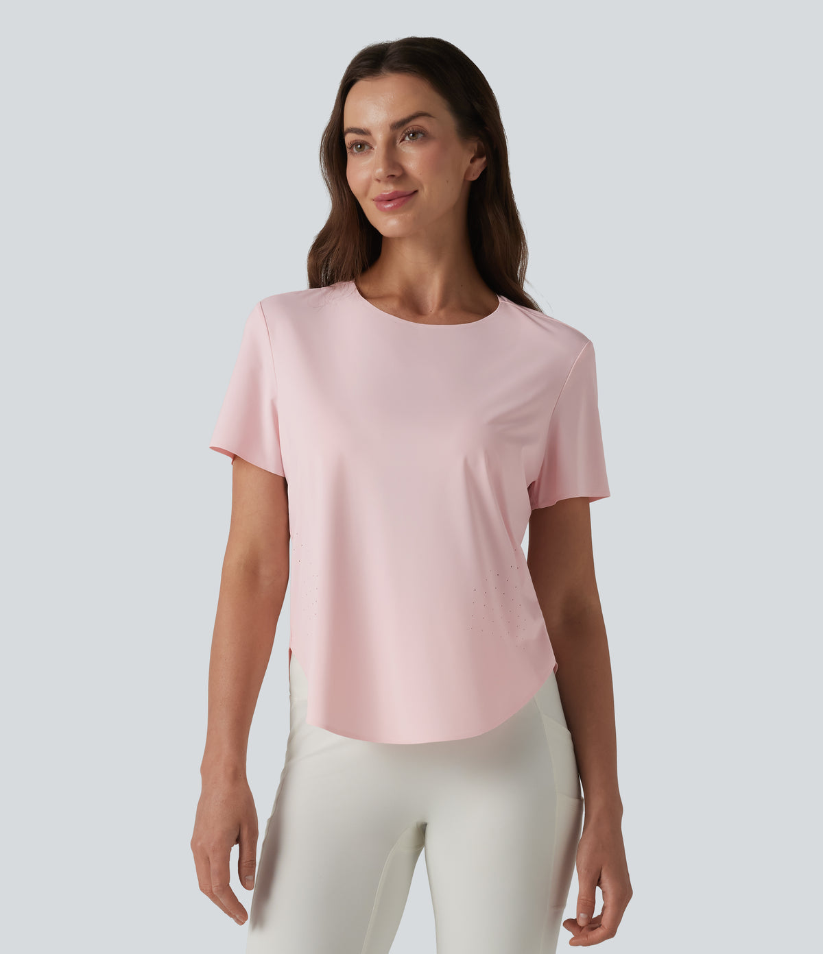 Round Neck Short Sleeve Curved Hem Breathable Mesh Hiking Sports Top — Ash Pink — view 3