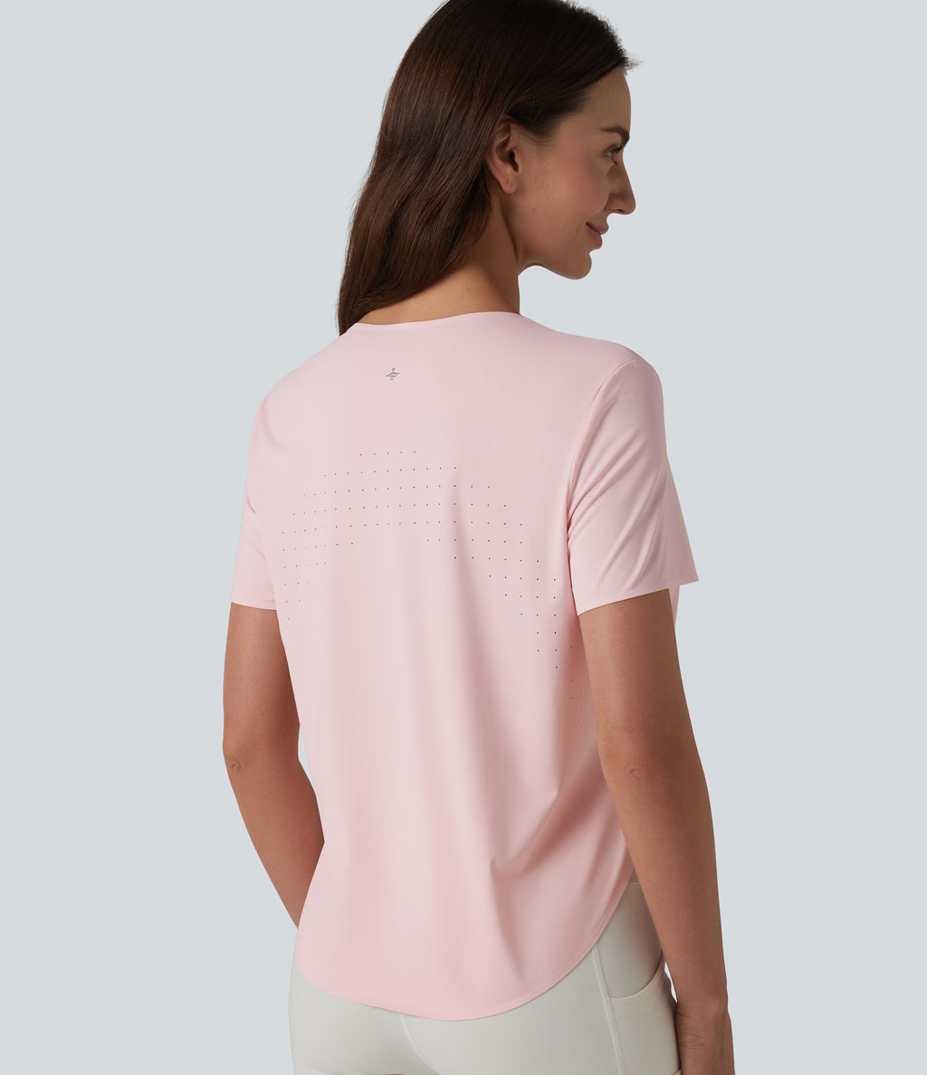 Round Neck Short Sleeve Curved Hem Breathable Mesh Hiking Sports Top — Ash Pink — view 5