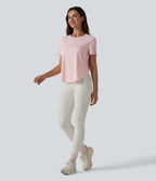 Round Neck Short Sleeve Curved Hem Breathable Mesh Hiking Sports Top — Ash Pink — view 6