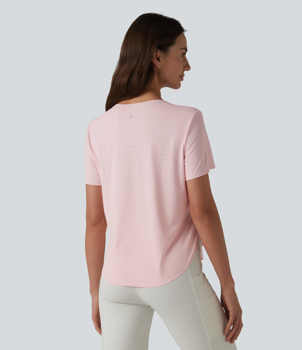 Round Neck Short Sleeve Curved Hem Breathable Mesh Hiking Sports Top — Ash Pink — view 2