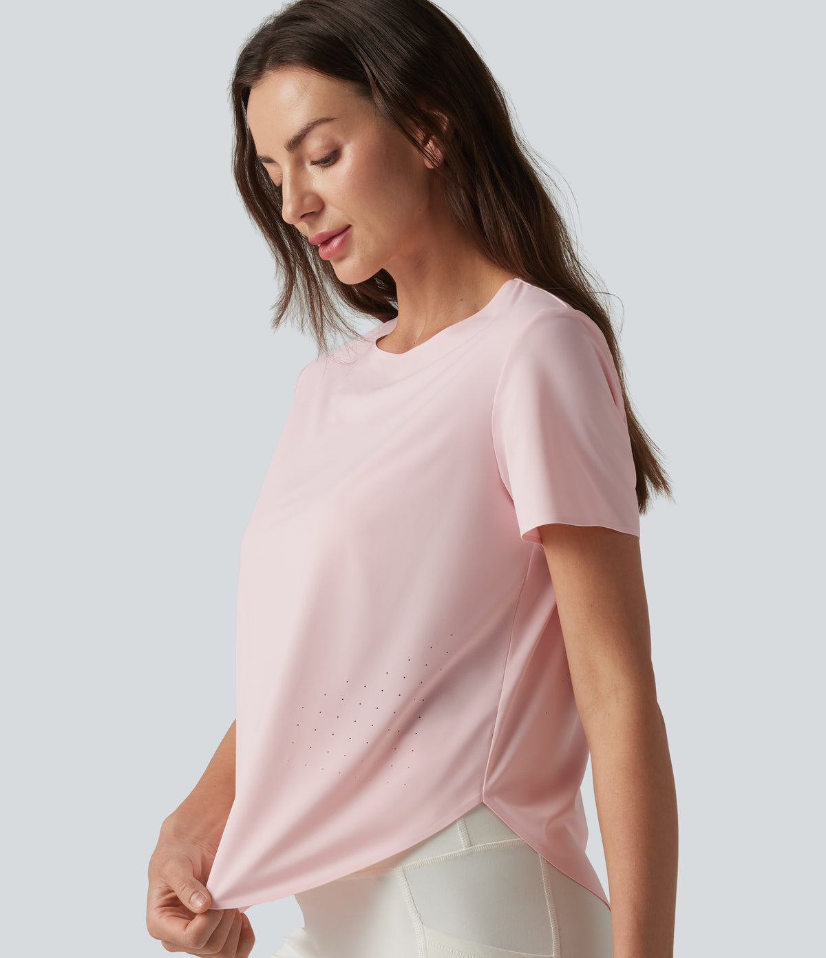 Round Neck Short Sleeve Curved Hem Breathable Mesh Hiking Sports Top — Ash Pink — view 1
