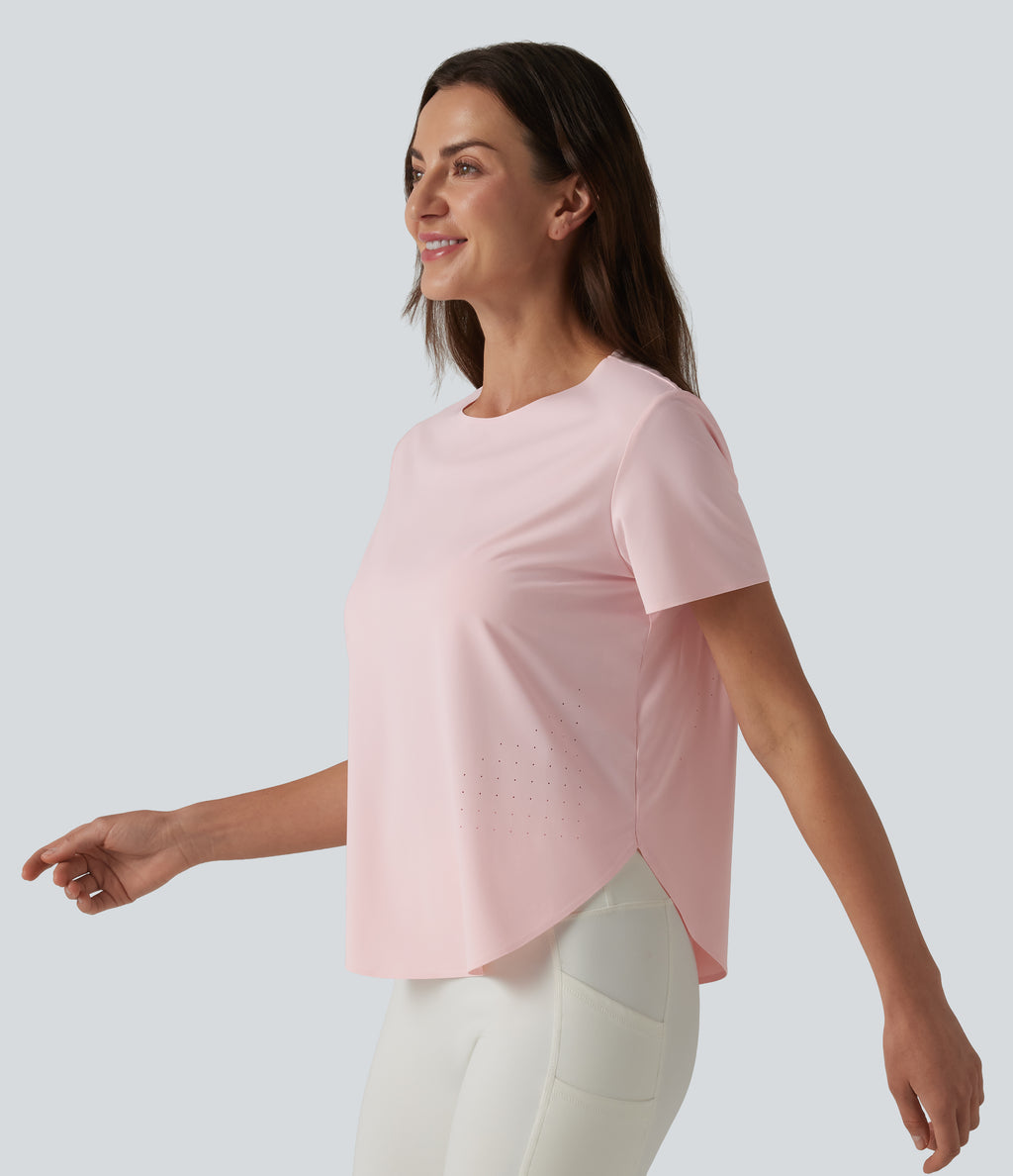 Round Neck Short Sleeve Curved Hem Breathable Mesh Hiking Sports Top — Ash Pink — view 4