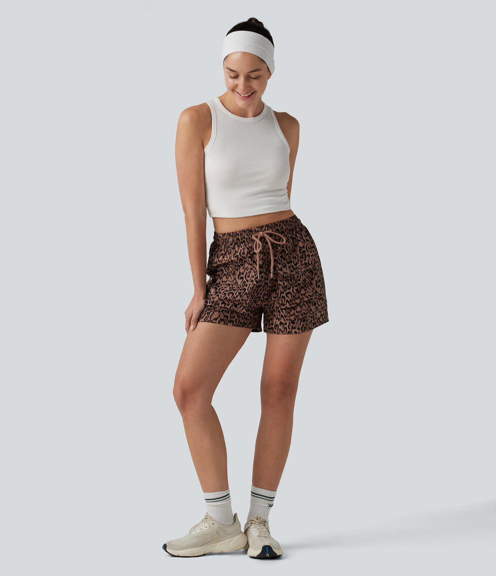 High Waisted Drawstring Leopard Print Workout Cargo Baggy Shorts with Pockets — Classic Leopard — view 6