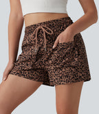 High Waisted Drawstring Leopard Print Workout Cargo Baggy Shorts with Pockets — Classic Leopard — view 5