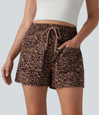 High Waisted Drawstring Leopard Print Workout Cargo Baggy Shorts with Pockets — Classic Leopard — view 3
