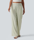 High Waisted Shirred Gingham Casual Baggy Trousers with Pockets — Green White Bubble Grid — view 3