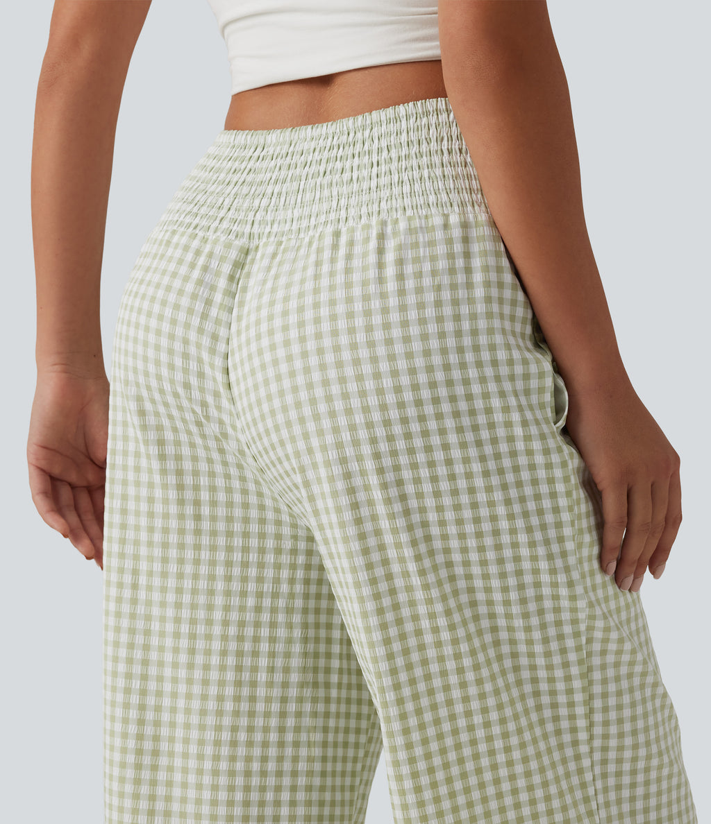 High Waisted Shirred Gingham Casual Baggy Trousers with Pockets — Green White Bubble Grid — view 5