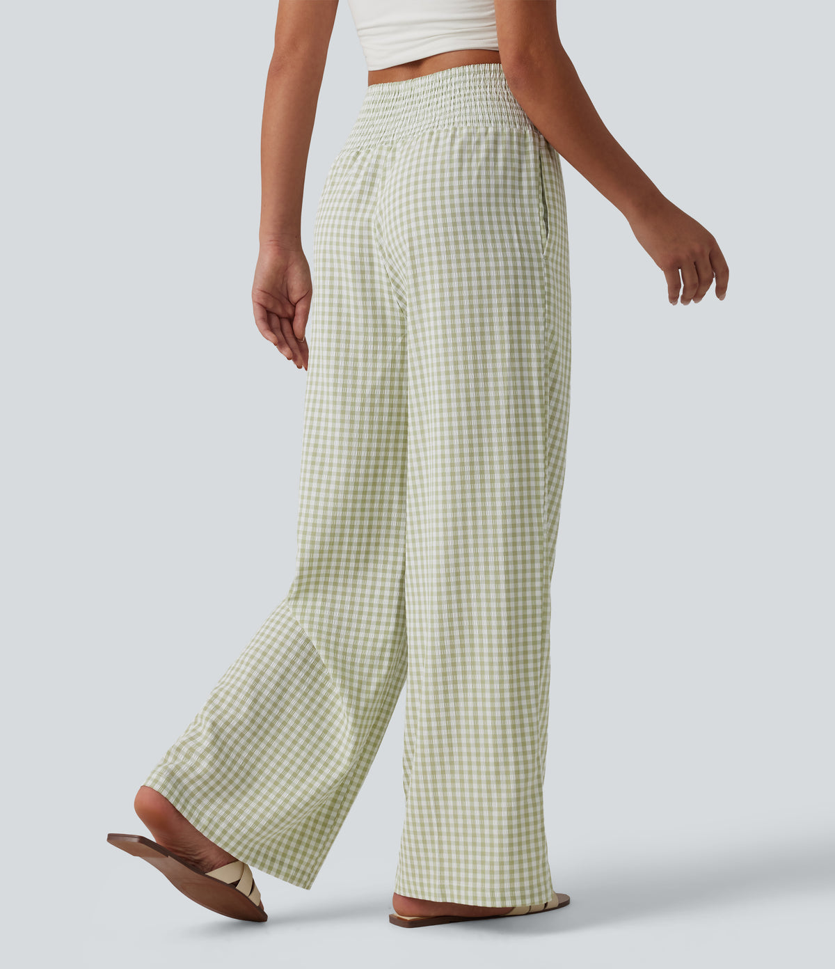 High Waisted Shirred Gingham Casual Baggy Trousers with Pockets — Green White Bubble Grid — view 2