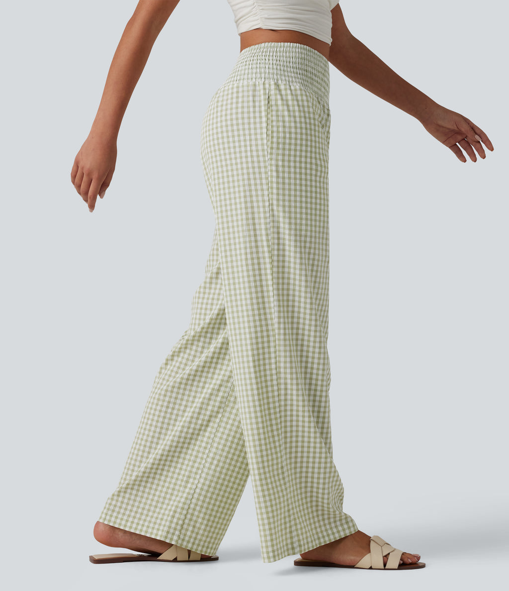 High Waisted Shirred Gingham Casual Baggy Trousers with Pockets — Green White Bubble Grid — view 1