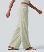 High Waisted Shirred Gingham Casual Baggy Trousers with Pockets — Green White Bubble Grid — view 1
