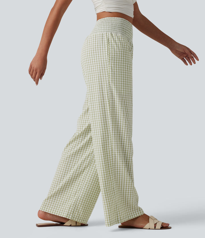 High Waisted Shirred Gingham Casual Baggy Trousers with Pockets — Green White Bubble Grid — view 1