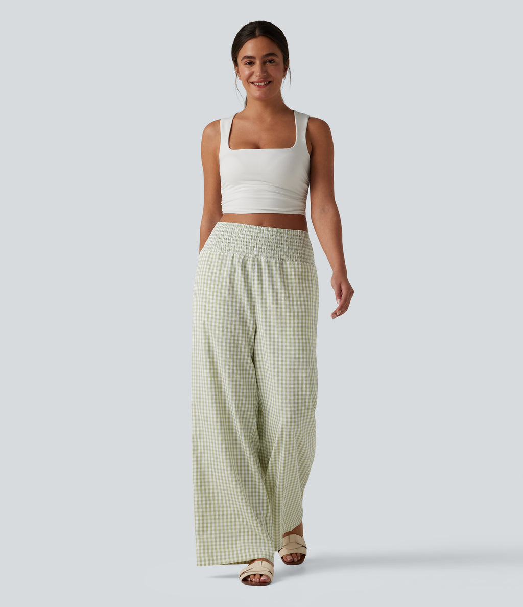 High Waisted Shirred Gingham Casual Baggy Trousers with Pockets — Green White Bubble Grid — view 6