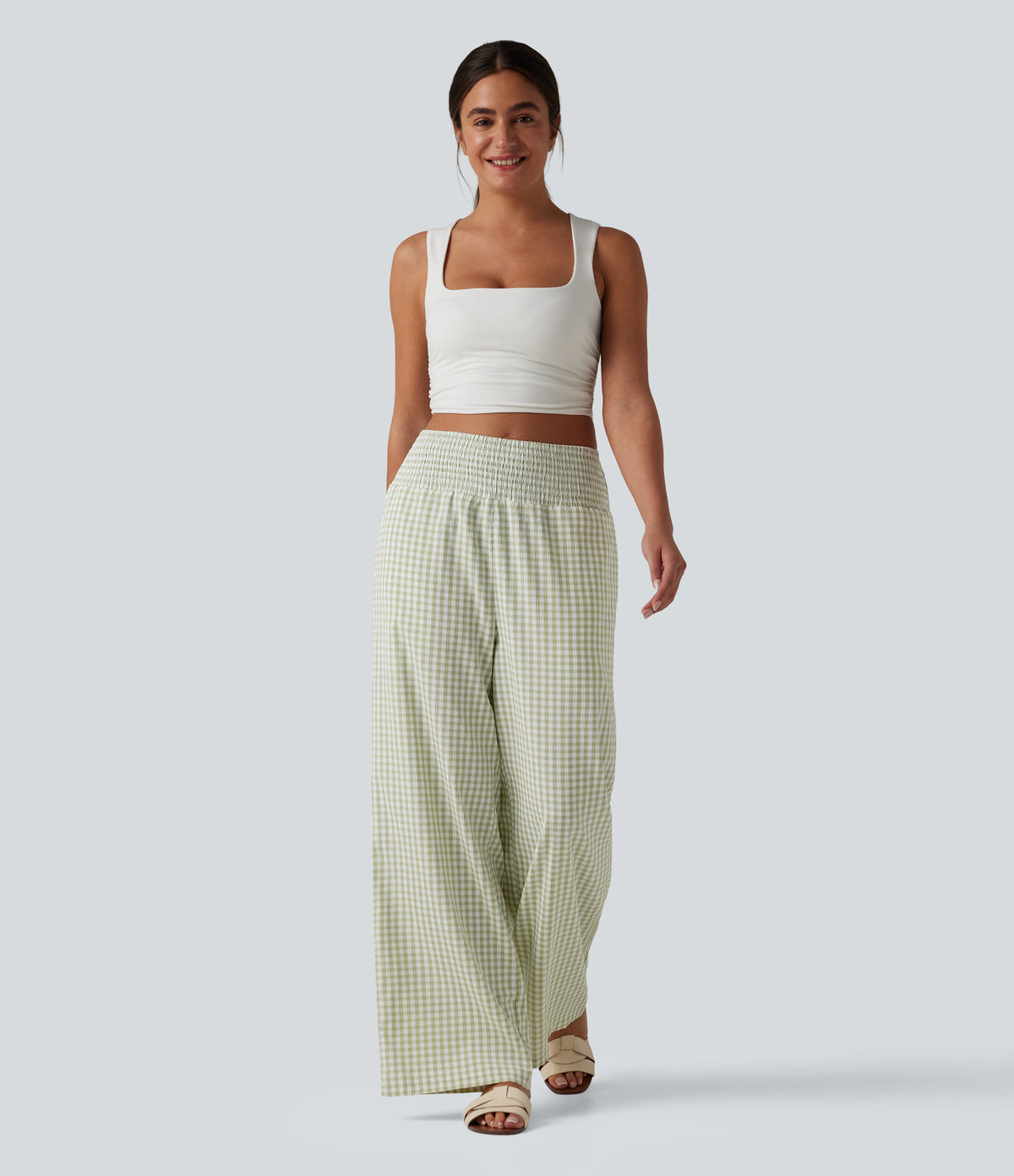 High Waisted Shirred Gingham Casual Baggy Trousers with Pockets — Green White Bubble Grid — view 6
