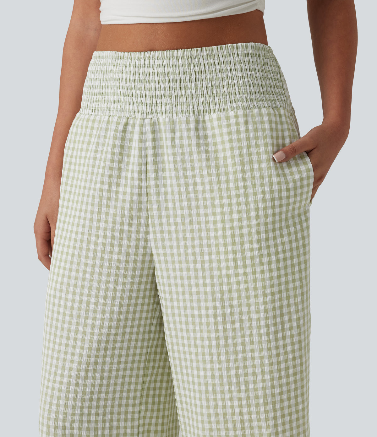 High Waisted Shirred Gingham Casual Baggy Trousers with Pockets — Green White Bubble Grid — view 4