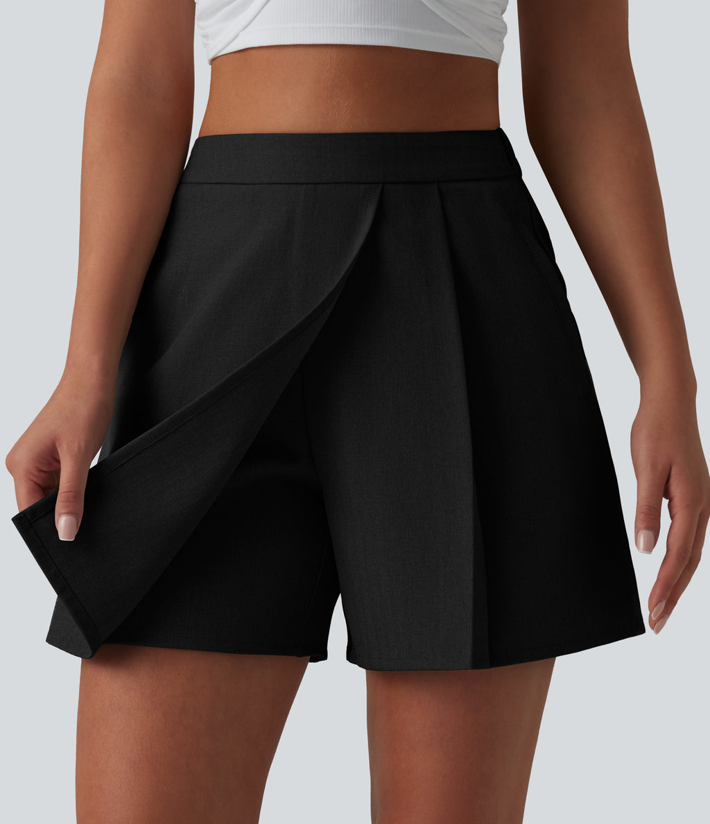 Wrinkle-resistant High Waisted Pleated Casual Linen-Feel Skort with Pockets — Black — view 4