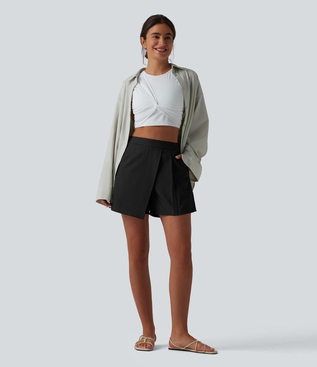 Wrinkle-resistant High Waisted Pleated Casual Linen-Feel Skort with Pockets — Black — view 7
