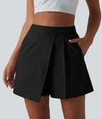Wrinkle-resistant High Waisted Pleated Casual Linen-Feel Skort with Pockets — Black — view 5