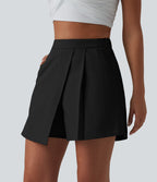 Wrinkle-resistant High Waisted Pleated Casual Linen-Feel Skort with Pockets — Black — view 3