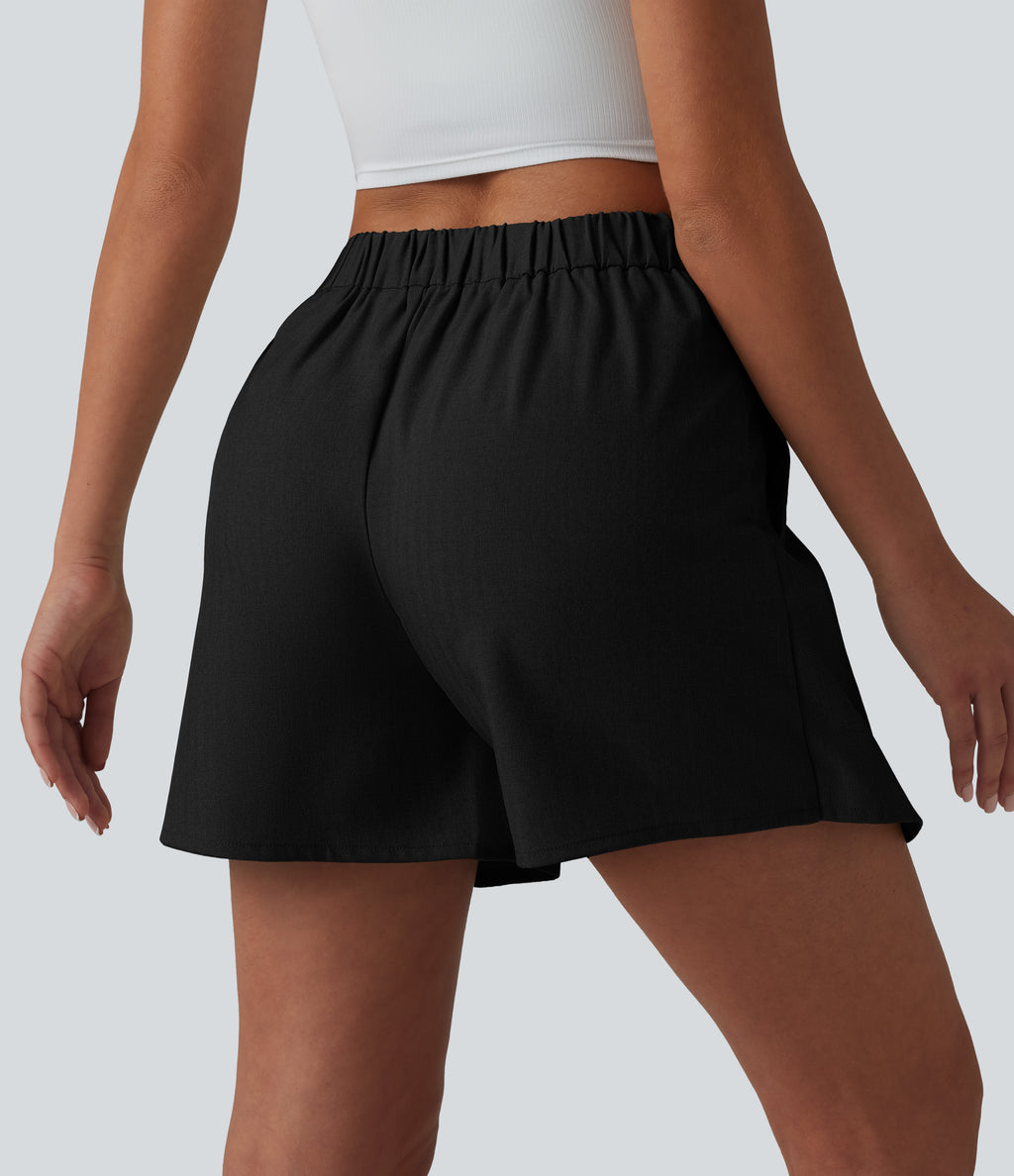 Wrinkle-resistant High Waisted Pleated Casual Linen-Feel Skort with Pockets — Black — view 6