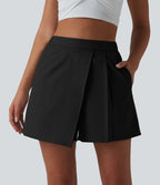 Wrinkle-resistant High Waisted Pleated Casual Linen-Feel Skort with Pockets — Black — view 1