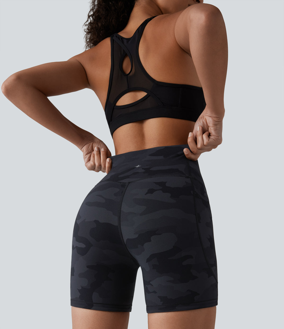 Camo Print High Waisted Tummy Control Training Biker Shorts 5'' with Pockets — Midnight Shadow Camo — view 7