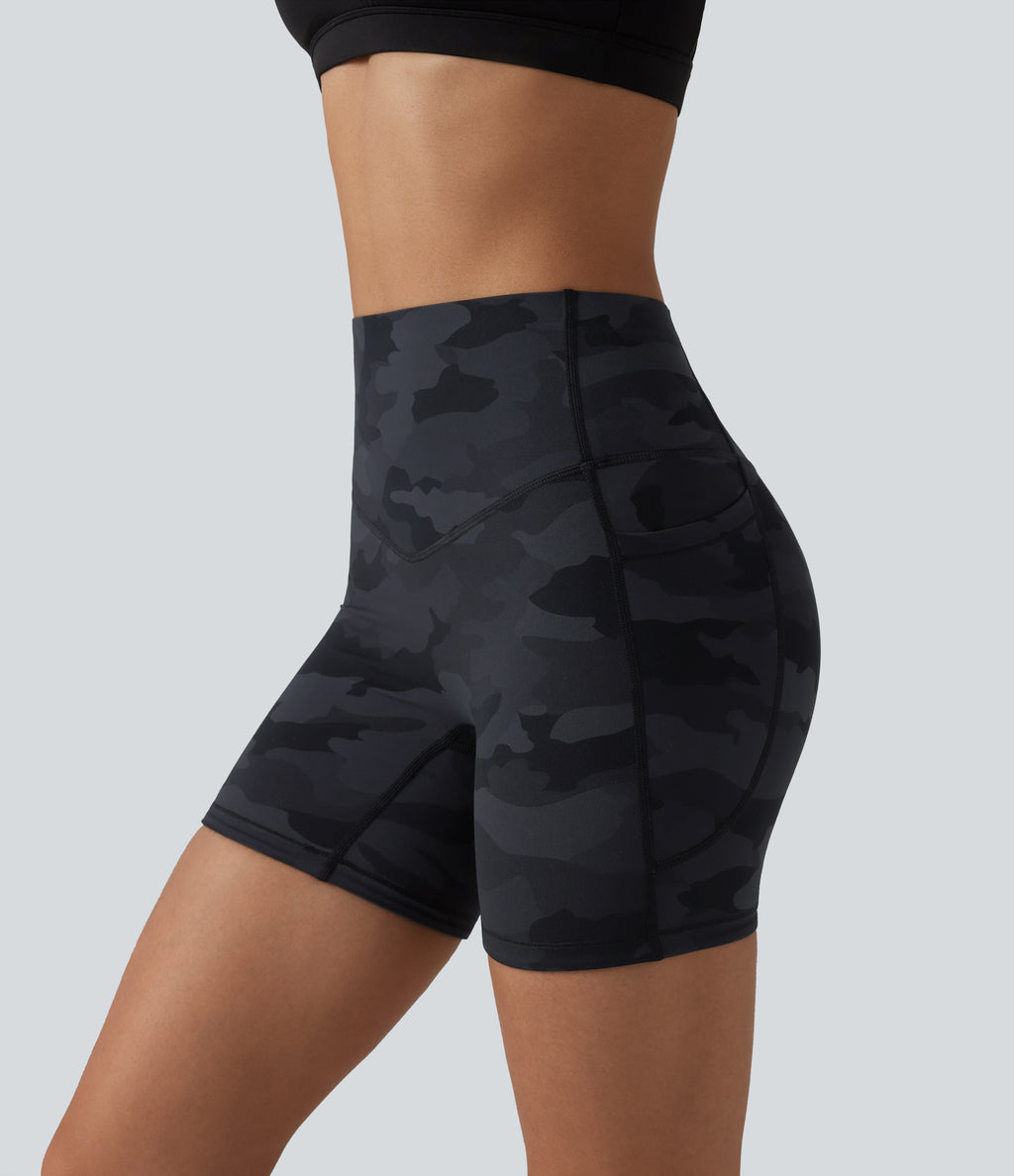 Camo Print High Waisted Tummy Control Training Biker Shorts 5'' with Pockets — Midnight Shadow Camo — view 4