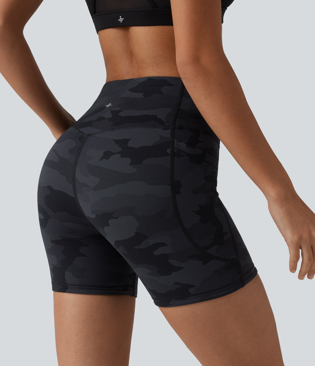 Camo Print High Waisted Tummy Control Training Biker Shorts 5'' with Pockets — Midnight Shadow Camo — view 5