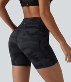 Camo Print High Waisted Tummy Control Training Biker Shorts 5'' with Pockets — Midnight Shadow Camo — view 5