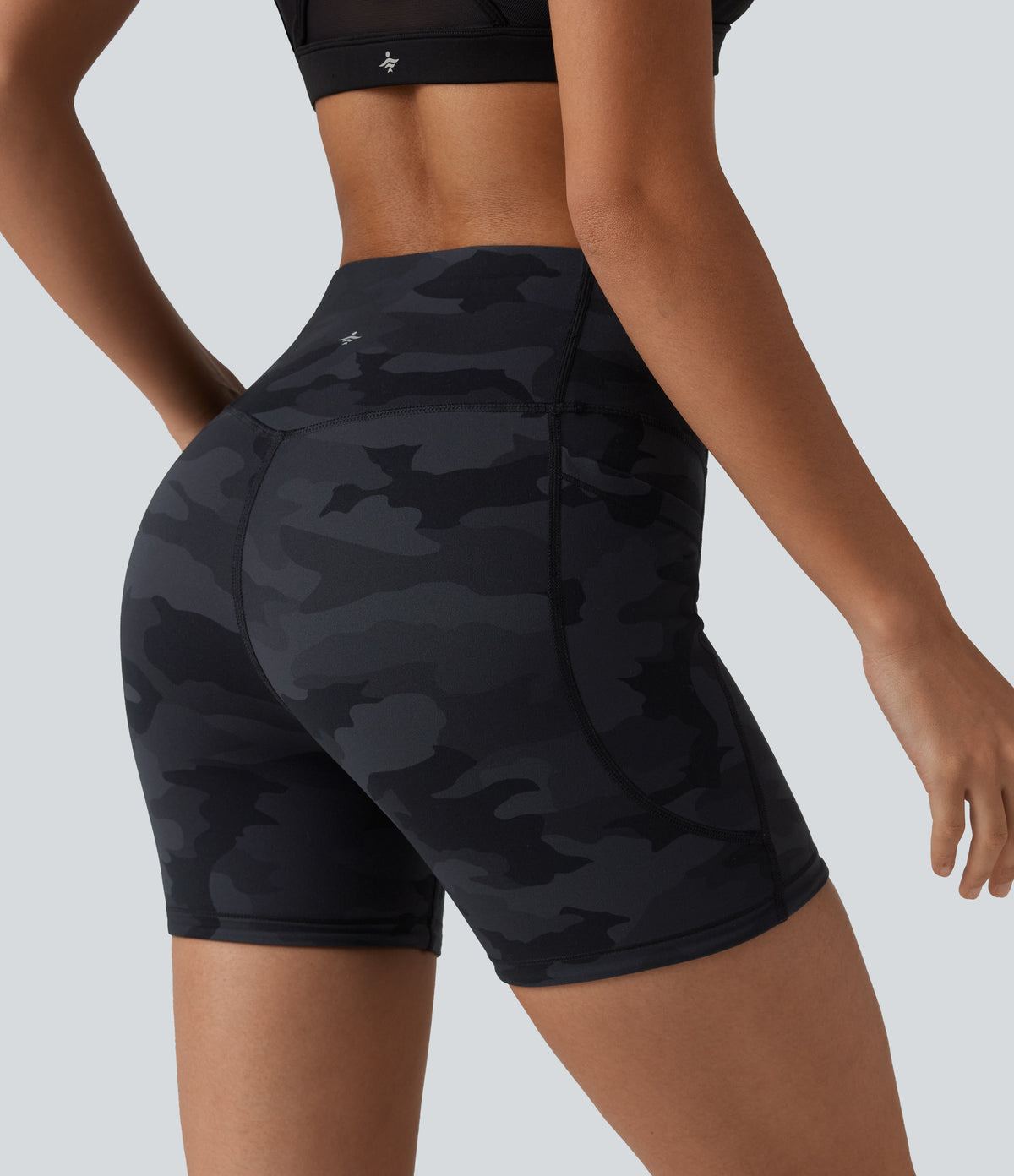 Camo Print High Waisted Tummy Control Training Biker Shorts 5'' with Pockets — Midnight Shadow Camo — view 5