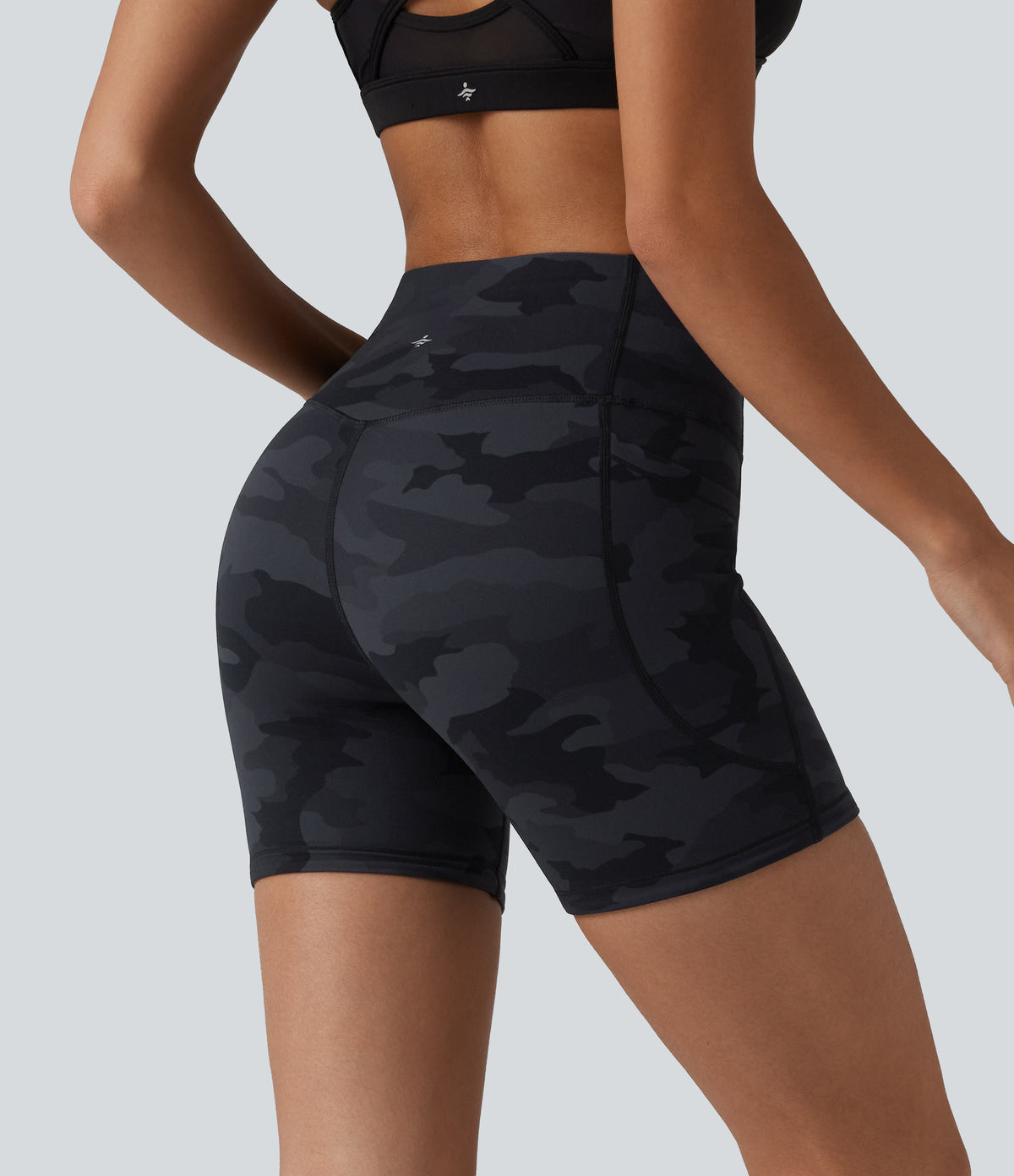 Camo Print High Waisted Tummy Control Training Biker Shorts 5'' with Pockets — Midnight Shadow Camo — view 2