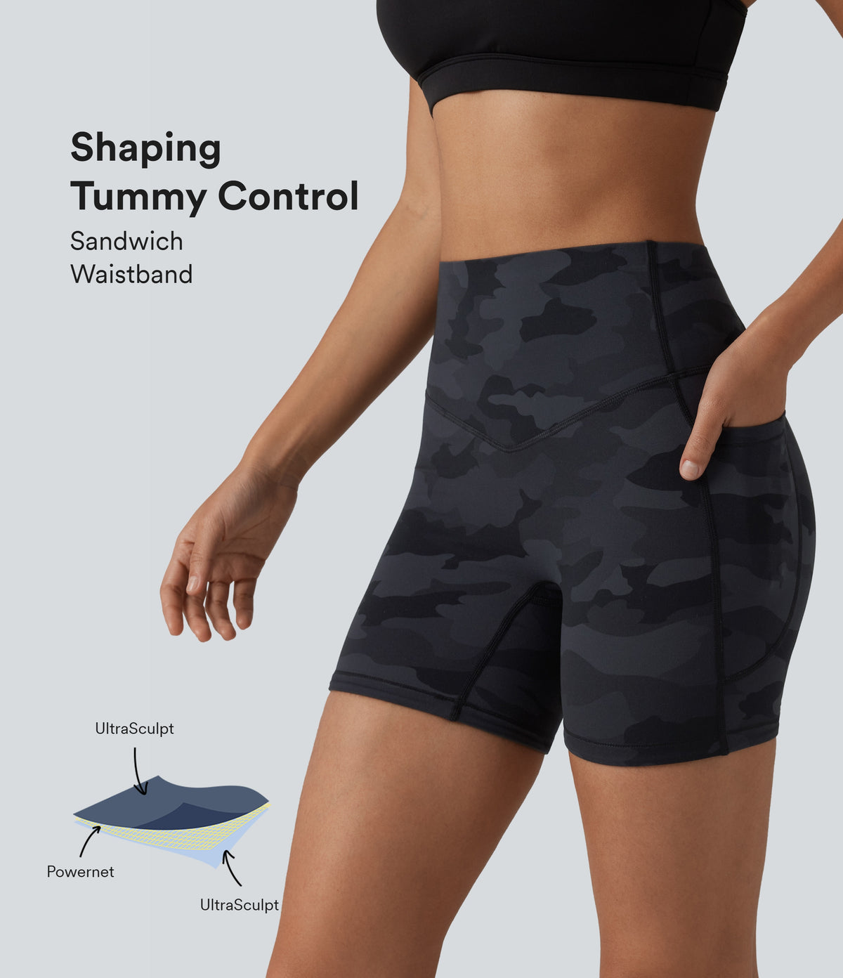 Camo Print High Waisted Tummy Control Training Biker Shorts 5'' with Pockets — Midnight Shadow Camo — view 1