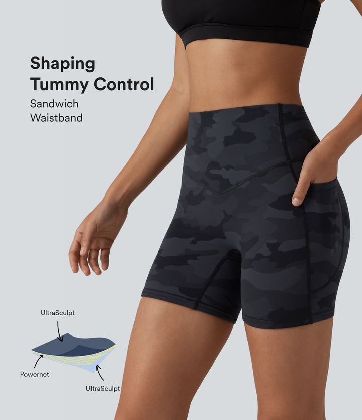 Camo Print High Waisted Tummy Control Training Biker Shorts 5'' with Pockets — Midnight Shadow Camo — view 1