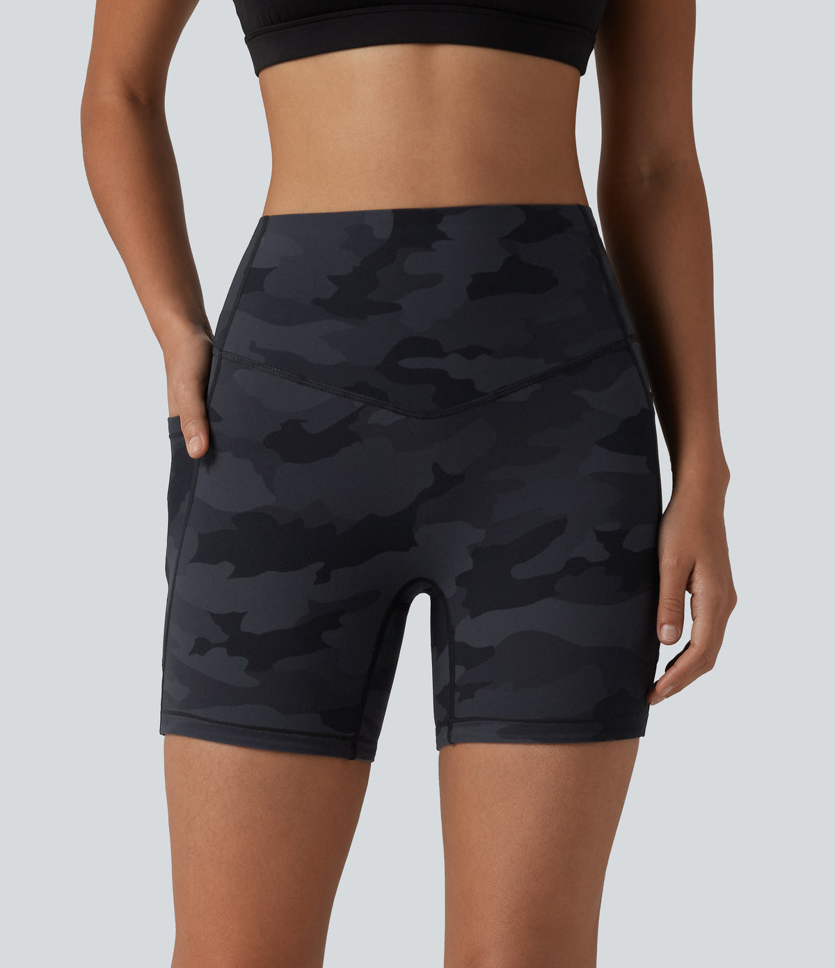 Camo Print High Waisted Tummy Control Training Biker Shorts 5'' with Pockets — Midnight Shadow Camo — view 3