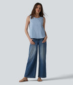 Round Neck Crinkle Gingham Casual Tank Top with Pockets — Blue White Bubble Grid — view 5
