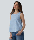 Round Neck Crinkle Gingham Casual Tank Top with Pockets — Blue White Bubble Grid — view 3