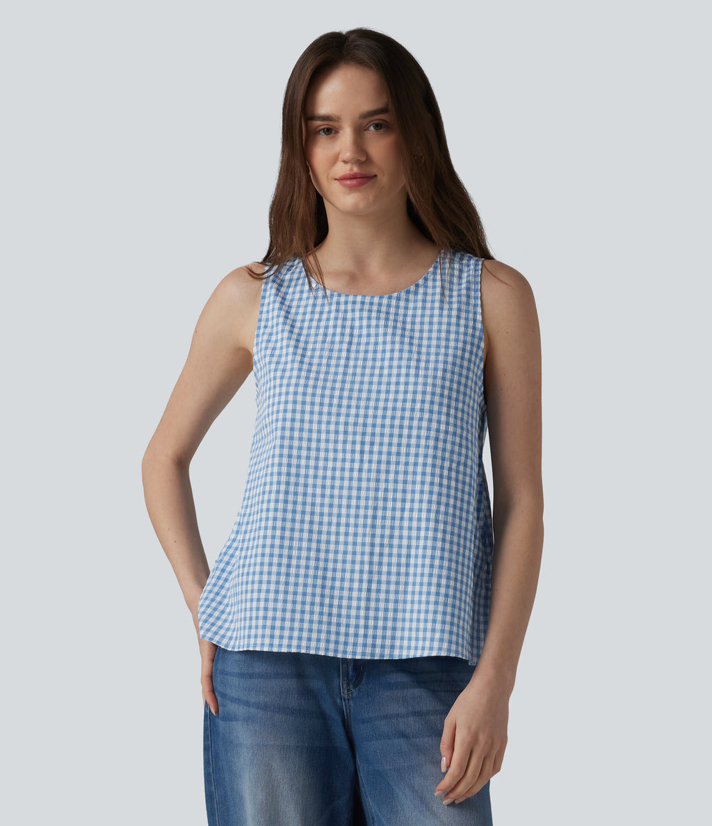 Round Neck Crinkle Gingham Casual Tank Top with Pockets — Blue White Bubble Grid — view 4
