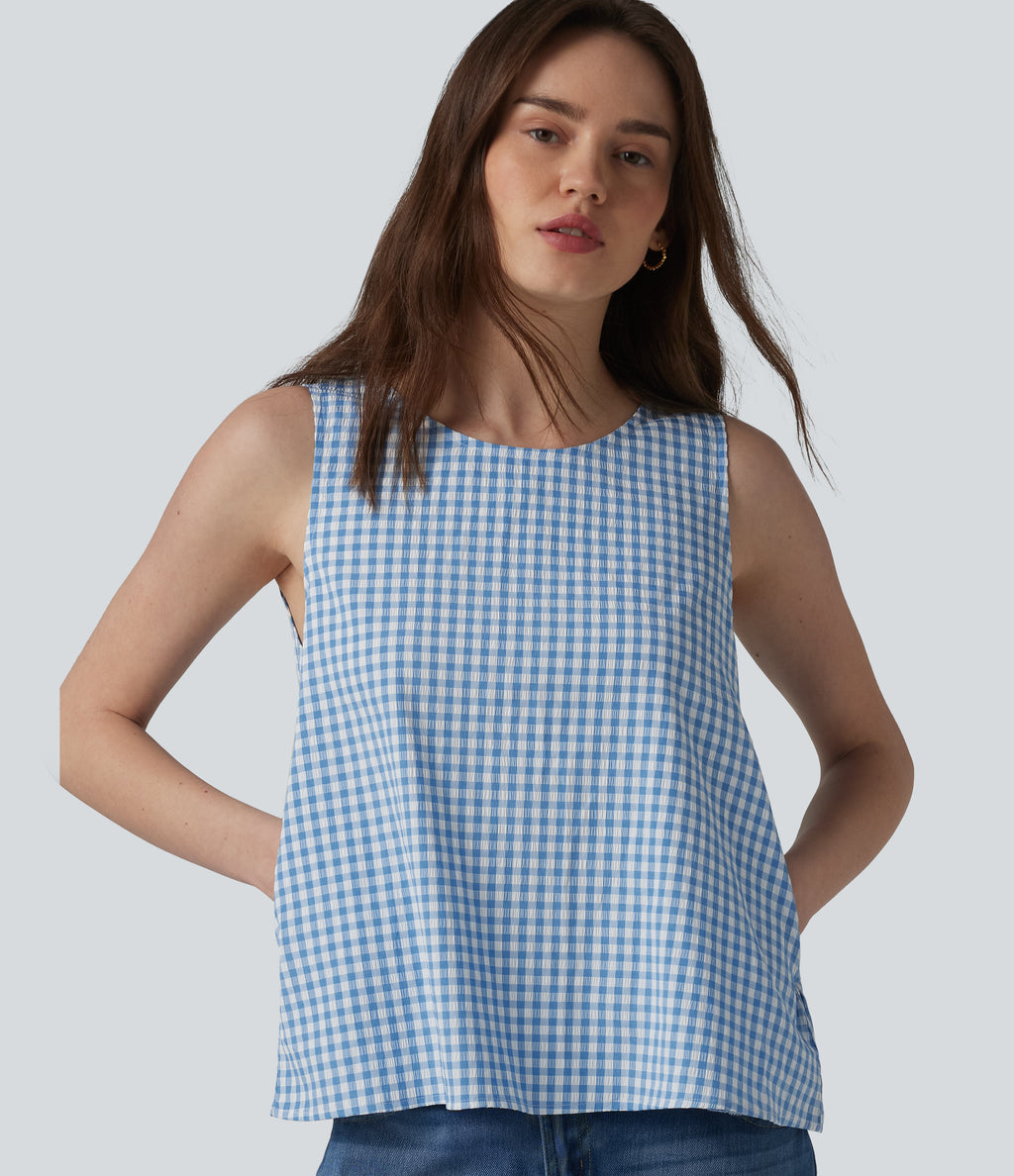 Round Neck Crinkle Gingham Casual Tank Top with Pockets — Blue White Bubble Grid — view 1