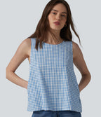Round Neck Crinkle Gingham Casual Tank Top with Pockets — Blue White Bubble Grid — view 1