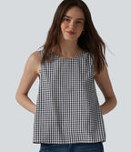 Round Neck Crinkle Gingham Casual Tank Top with Pockets — Black White Bubble Grid — view 6