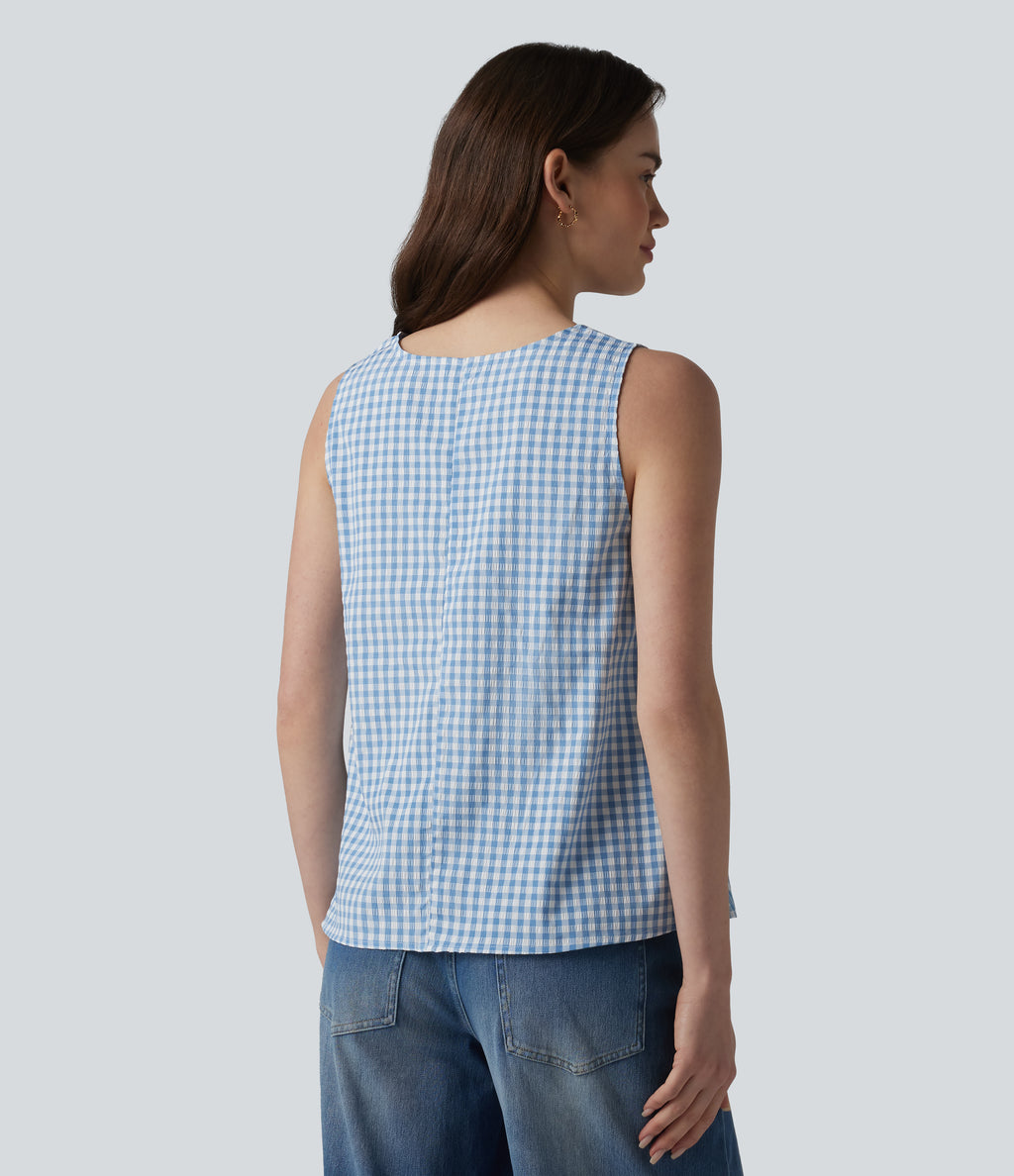 Round Neck Crinkle Gingham Casual Tank Top with Pockets — Blue White Bubble Grid — view 2