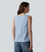 Round Neck Crinkle Gingham Casual Tank Top with Pockets — Blue White Bubble Grid — view 2