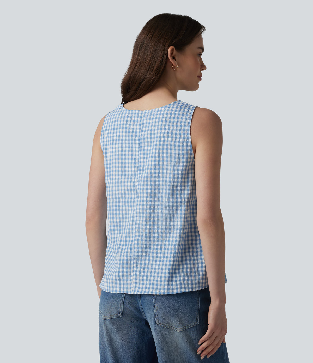 Round Neck Crinkle Gingham Casual Tank Top with Pockets — Blue White Bubble Grid — view 2