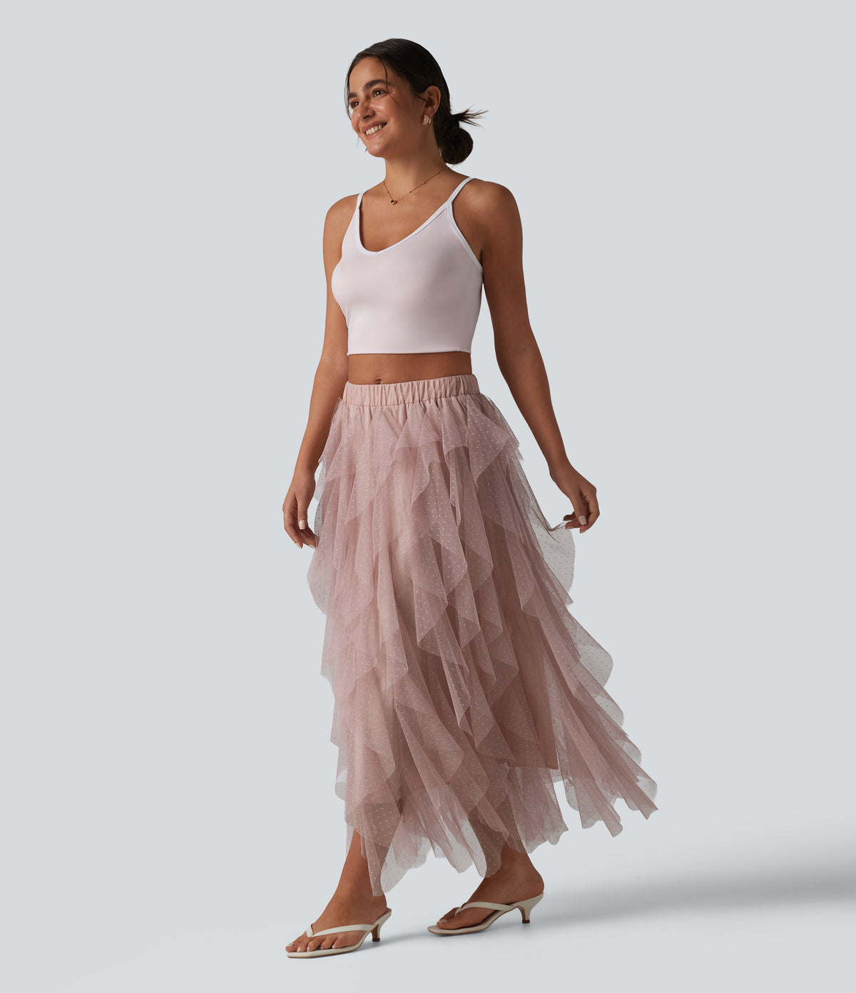 Mid Rise Asymmetric Tiered Mesh Midi Resort Skirt — Peach Blush — view 5