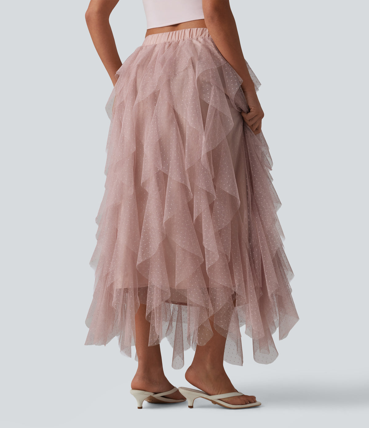 Mid Rise Asymmetric Tiered Mesh Midi Resort Skirt — Peach Blush — view 2