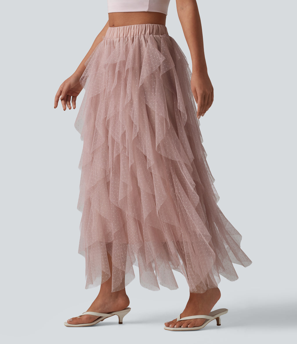 Mid Rise Asymmetric Tiered Mesh Midi Resort Skirt — Peach Blush — view 1