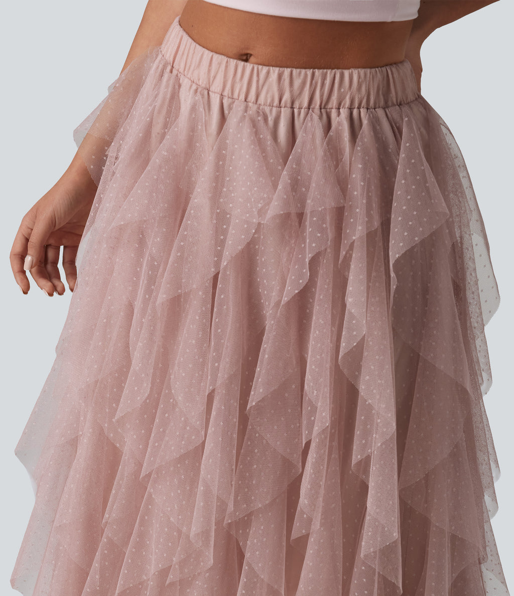 Mid Rise Asymmetric Tiered Mesh Midi Resort Skirt — Peach Blush — view 4