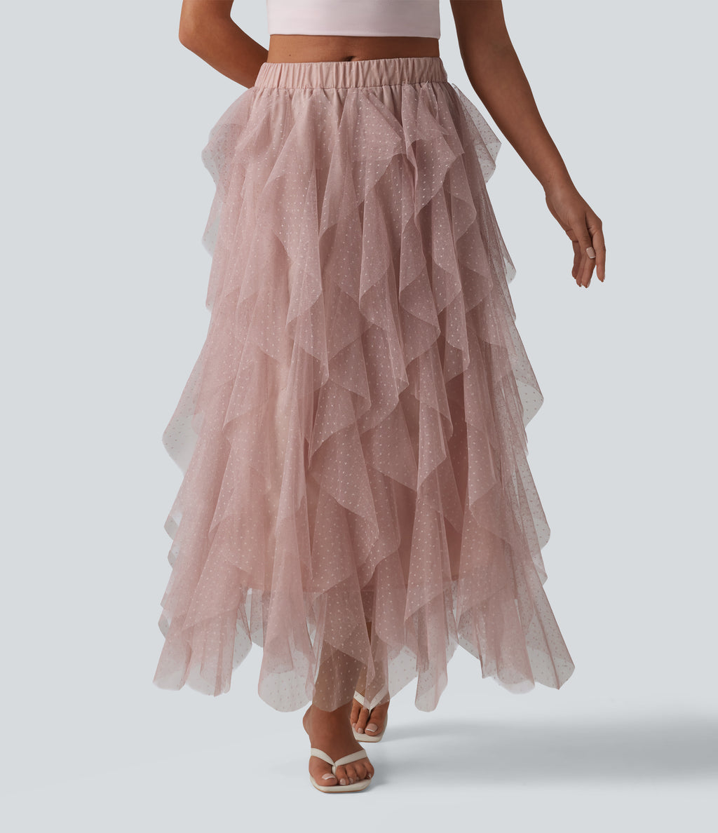 Mid Rise Asymmetric Tiered Mesh Midi Resort Skirt — Peach Blush — view 3