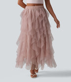 Mid Rise Asymmetric Tiered Mesh Midi Resort Skirt — Peach Blush — view 3