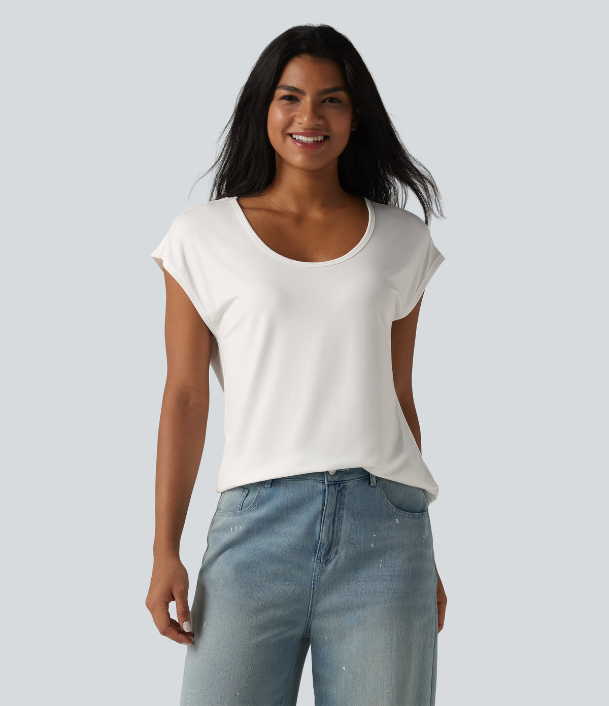 U-Neck Short Sleeve Casual T-Shirt — White — view 1